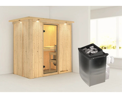 Sauna modulaire Karibu Mariado avec poêle 9 kW et commande intégrée avec couronne et portes entièrement vitrées transparentes Sauna modulaire Karibu Mariado avec poêle 9 kW et commande intégrée avec couronne et portes entièrement vitrées transparentes