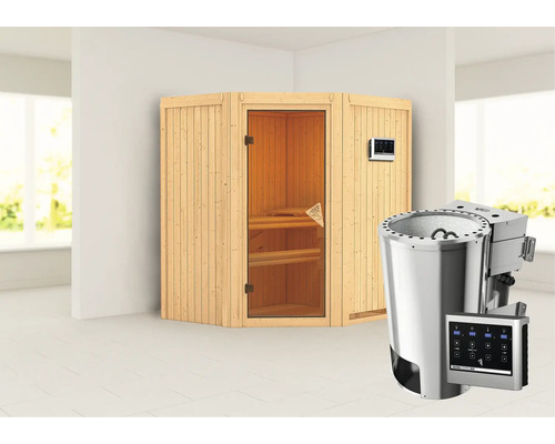 Sauna modulaire Karibu Monja avec poêle Bio 3,6 kW avec commande extérieure, sans frise de toit