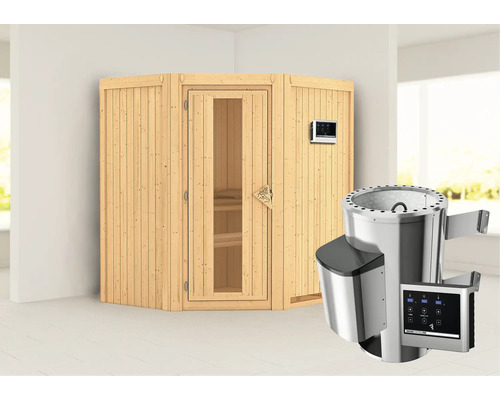 Sauna modulaire Karibu Monja avec poêle 3,6 kW et commande intégrée, sans couronne avec porte bois en verre isolé thermiquement