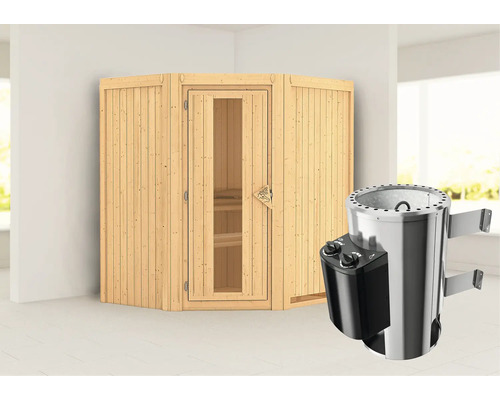 Sauna modulaire Karibu Monja avec poêle 3,6 kW et commande intégrée, sans couronne avec porte bois en verre isolé thermiquement