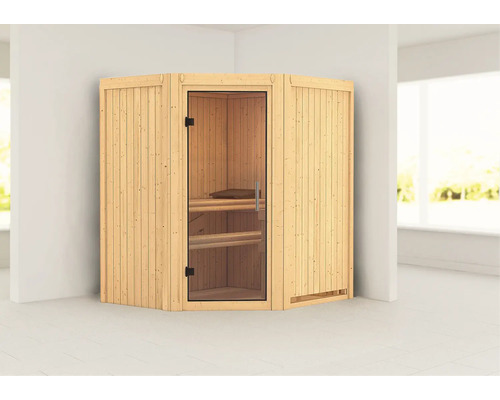 Sauna modulaire Karibu Monja sans poêle ni couronne, avec porte entièrement vitrée transparente