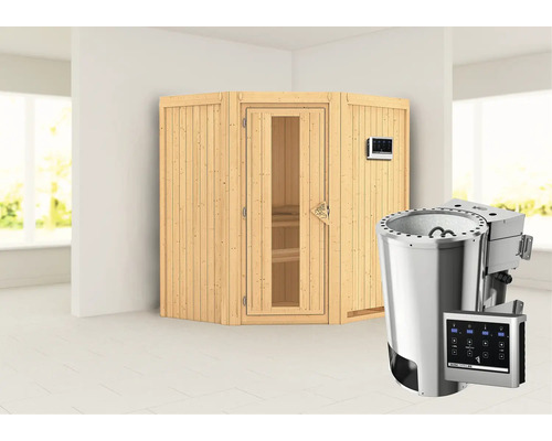 Sauna modulaire Karibu Monja avec poêle Bio 3,6 kW et commande externe, sans couronne, avec porte bois en verre isolé thermiquement