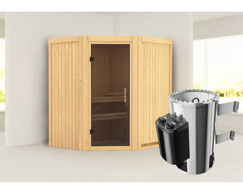 Sauna modulaire Karibu Monja avec poêle 3,6 kW et commande intégrée sans couronne avec porte entièrement vitrée coloris graphite