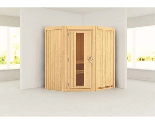 Sauna modulaire Karibu Monja sans poêle ni couronne, avec porte en bois et verre isolé thermiquement