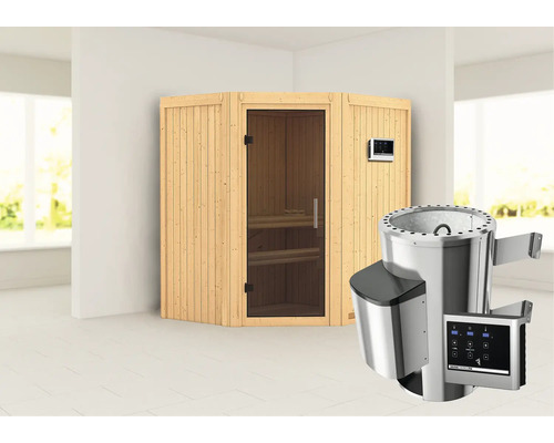 Sauna modulaire Karibu Monja avec poêle 3,6 kW et commande externe, sans couronne avec porte entièrement vitrée coloris graphite