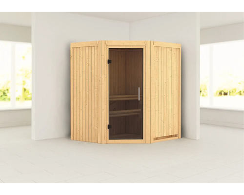 Sauna modulaire Karibu Monja sans poêle ni couronne, avec porte entièrement vitrée coloris graphite