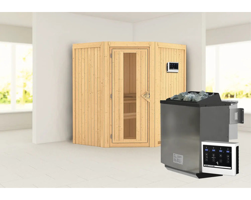 Sauna modulaire Karibu Maurin avec poêle bio 9 kW et commande externe, sans couronne, avec porte en bois et verre isolé thermiquement