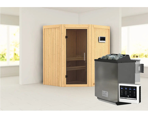 Sauna modulaire Karibu Maurin avec poêle bio 9 kW et commande externe, sans couronne, avec porte entièrement vitrée coloris graphite