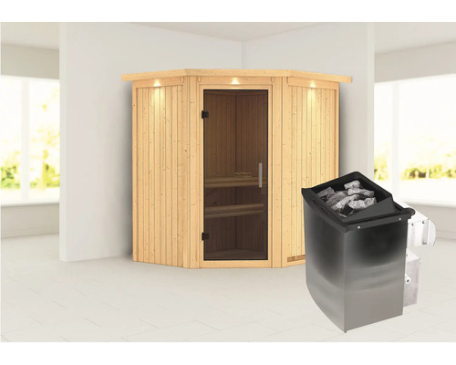 Sauna modulaire Karibu Maurin avec poêle 9 kW et commande intégrée, avec couronne et porte entièrement vitrée coloris graphite