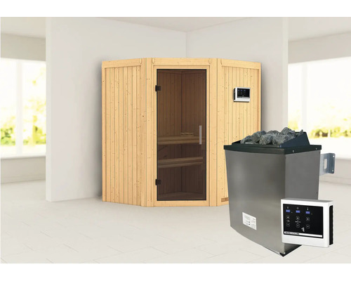 Sauna modulaire Karibu Maurin avec poêle 9 kW et commande externe, sans couronne, avec porte entièrement vitrée coloris graphite