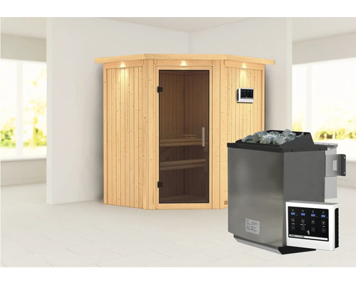 Sauna modulaire Karibu Maurin avec poêle bio 9 kW et commande externe, avec couronne et porte entièrement vitrée coloris graphite