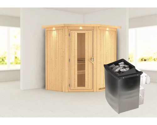 Sauna modulaire Karibu Maurin avec poêle 9 kW et commande intégrée, avec couronne et porte en bois avec verre isolé thermiquement