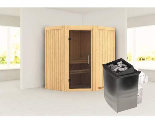 Sauna modulaire Karibu Maurin avec poêle 9 kW et commande intégrée, sans couronne, avec porte entièrement vitrée coloris graphite