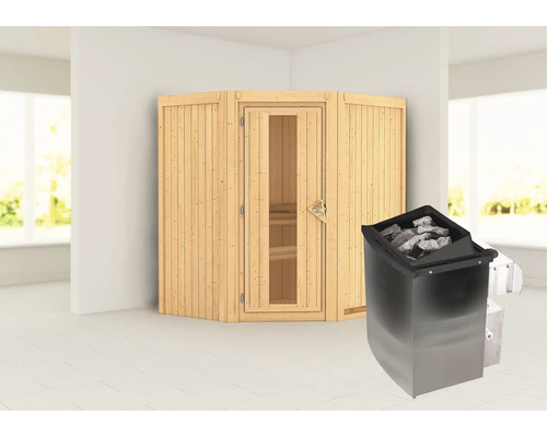 Sauna modulaire Karibu Maurin avec poêle 9 kW et commande intégrée, sans couronne, avec porte en bois et verre isolé thermiquement