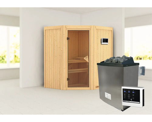 Sauna modulaire Karibu Maurin avec poêle 9 kW et commande extérieure, sans frise de toit