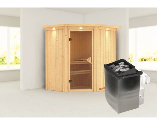 Sauna modulaire Karibu Maurin avec poêle 9 kW et commande intégrée, avec frise de toit