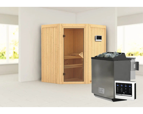 Sauna modulaire Karibu Maurin avec poêle Bio 9 kW et commande extérieure, sans frise de toit