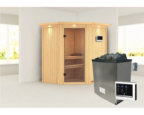 Sauna modulaire Karibu Maurin avec poêle 9 kW et commande externe sans couronne avec portes entièrement vitrées transparentes