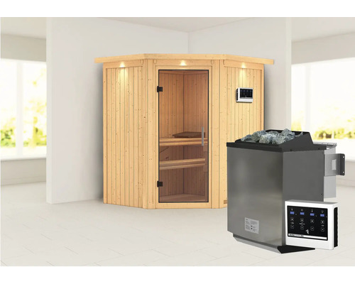 Sauna modulaire Karibu Maurin avec poêle bio 9 kW et commande externe sans couronne avec portes entièrement vitrées transparentes