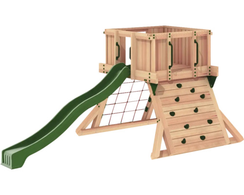 Tour de jeu en bois avec toboggan, filet d''escalade et mur d''escalade