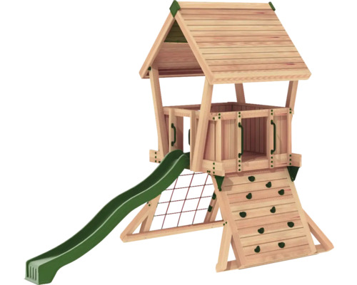 Tour de jeux avec toboggan, mur d''escalade et filet