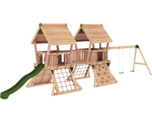 Tour de jeux en bois avec toboggan, mur d''escalade et balançoire