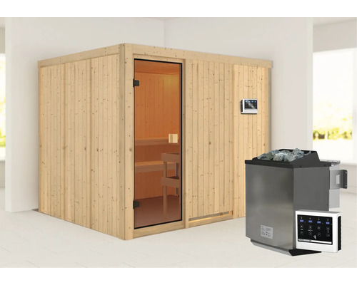 Sauna modulaire Karibu Nybro avec poêle bio 9 kW avec commande ext. sans couronne avec porte entièrement vitrée couleur bronze