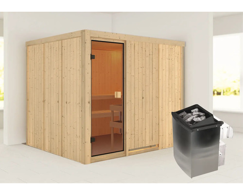 Sauna modulaire Karibu Nybro avec poêle 9 kW avec commande intégrée sans couronne avec porte entièrement vitrée couleur bronze