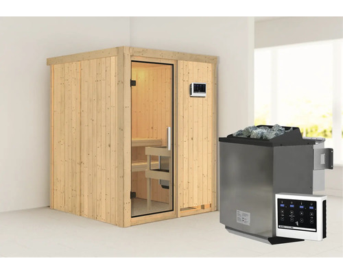 Sauna modulaire Karibu Norina avec poêle bio 9 kW et commande externe sans couronne avec portes entièrement vitrées transparentes