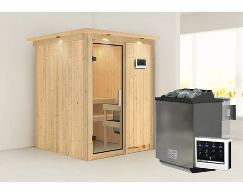 Sauna modulaire Karibu Norina avec poêle bio 9 kW et commande externe avec couronne et portes entièrement vitrées transparentes