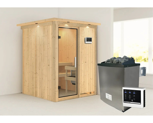 Sauna modulaire Karibu Norina avec poêle 9 kW et commande externe avec couronne et portes entièrement vitrées transparentes