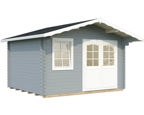 Gartenhaus Palmako Emma 10,4 m² inkl. Fussboden 426 x 380 cm hellgrau-weiss Graues Gartenhaus aus Holz mit Fenster und Doppeltür
