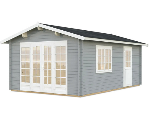 Gartenhaus Palmako Irene 19,0 m² inkl. Fussboden 426 x 598 cm hellgrau-weiss Graues Gartenhaus mit Fenster und Doppeltür