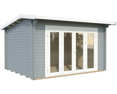 Gartenhaus Palmako Ines 11,1 m² Bifold inkl. Fussboden 434 x 379 cm hellgrau Gartenhaus mit Flügeltür aus Holz