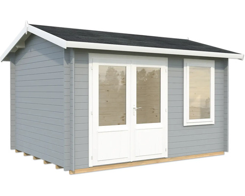 Gartenhaus Palmako Iris 9,6 m² inkl. Fussboden 404 x 340 cm hellgrau-weiss Holzgartenhaus mit Doppeltür und Fenster