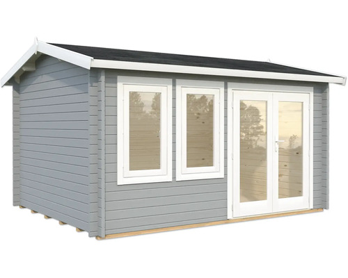Gartenhaus Palmako Iris 11,1 m² inkl. Fussboden 434 x 346 cm hellgrau-weiss Gartenhaus mit zwei Fenstern und Doppeltür