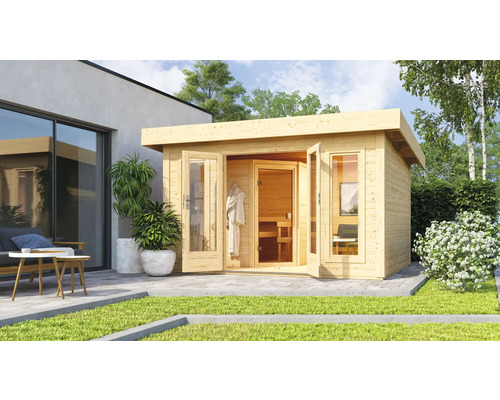 Chalet sauna Karibu Nordina avec poêle bio 9 kW et commande externe, avec entrée et portes en bois avec verre à isolation thermique Chalet sauna Karibu Nordina avec poêle bio 9 kW et commande externe, avec entrée et portes en bois avec verre à isolation thermique