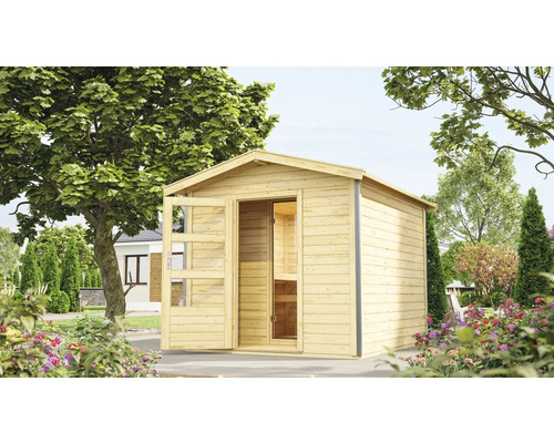 Chalet Sauna Karibu Nosse 1 sans poêle Porte en bois avec verre isolant à isolation thermique Maison de jardin en bois avec porte ouverte dans un jardin