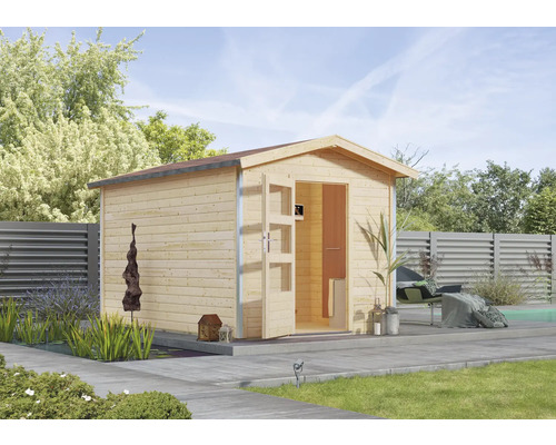 Chalet sauna Karibu Nosse I avec poêle 9 kW et commande ext. avec vestibule et porte en bois avec verre transparent