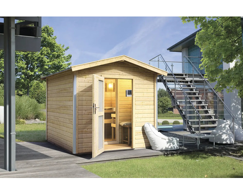 Chalet sauna Karibu Nosse I avec poêle bio 9 kW et commande ext. avec vestibule et porte en bois avec verre opale