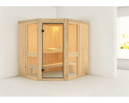 Elementsauna Karibu Omelia 1 ohne Ofen und Dachkranz mit bronzierter Ganzglastür Ecksauna aus Holz mit Glastür für den Innenbereich