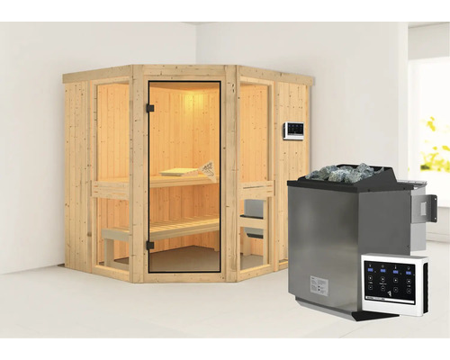 Sauna modulaire Karibu Omelia 1 avec poêle Bio 9 kW et commande extérieure, sans frise de toit