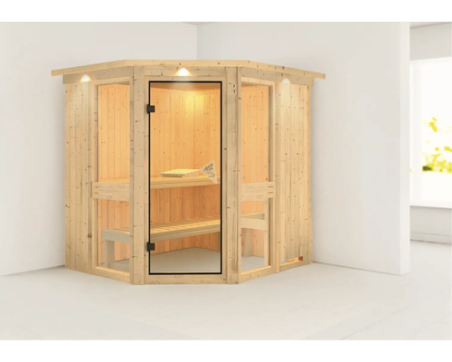 Sauna modulaire Karibu Omelia I sans poêle avec couronne et portes vitrées coloris bronze