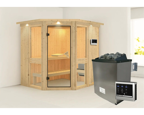 Elementsauna Karibu Omelia I inkl. 9 kW Ofen u.ext.Steuerung mit Dachkranz und bronzierter Ganzglastüre