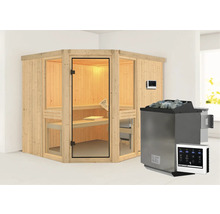 Sauna mit Holzverkleidung, Glastür und Saunaofen