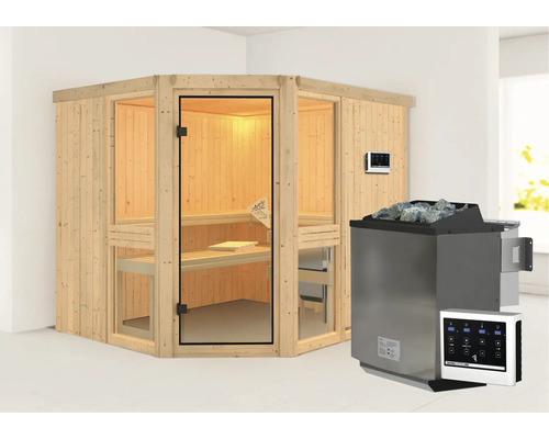 Sauna modulaire Karibu Omelia 3 avec poêle Bio 9 kW et commande extérieure, sans frise de toit