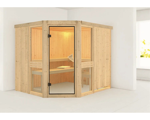Elementsauna Karibu Omelia 3 ohne Ofen und Dachkranz mit bronzierter Ganzglastür
