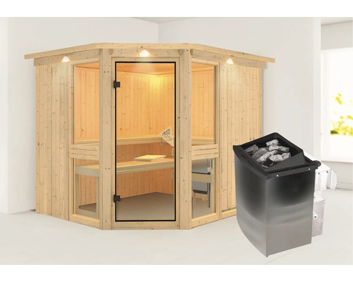 Sauna modulaire Karibu Omelia III avec poêle 9 kW et commande intégrée avec couronne et portes entièrement vitrées coloris bronze