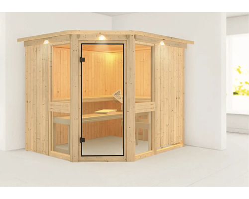 Elementsauna Karibu Omelia III ohne Ofen mit Dachkranz und bronzierter Ganzglastüre Elementsauna Karibu Omelia III ohne Ofen mit Dachkranz und bronzierter Ganzglastüre