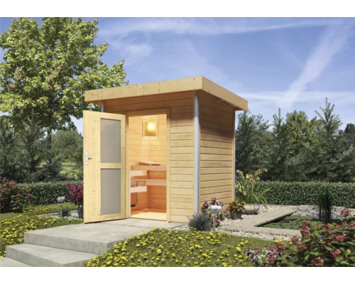 Chalet sauna Karibu Opal 1 sans poêle, avec portes en bois avec verre opale